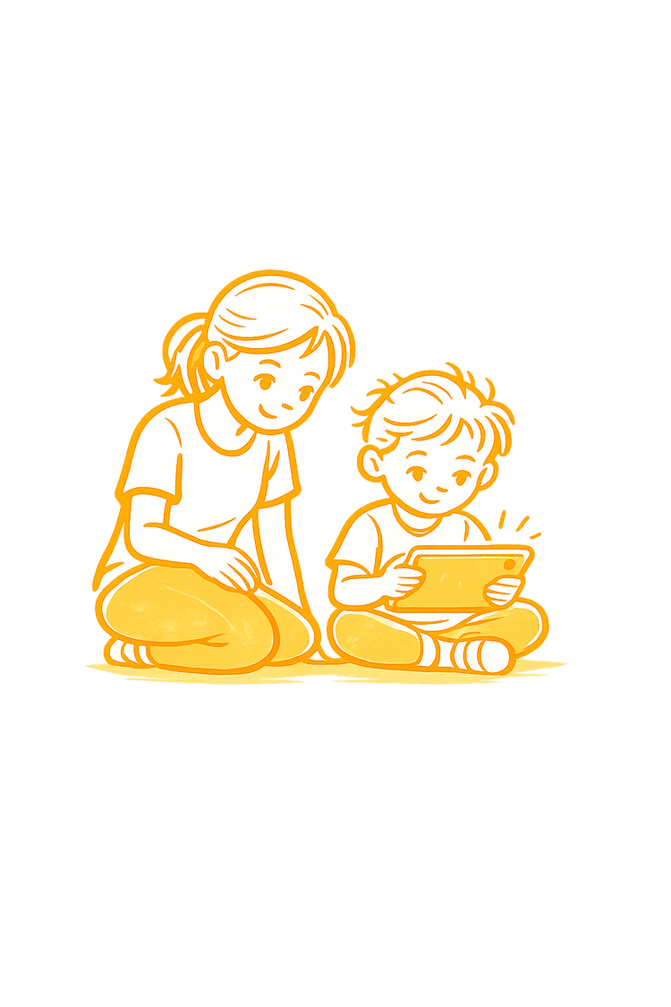 Mother sitting with her son as he uses a tablet